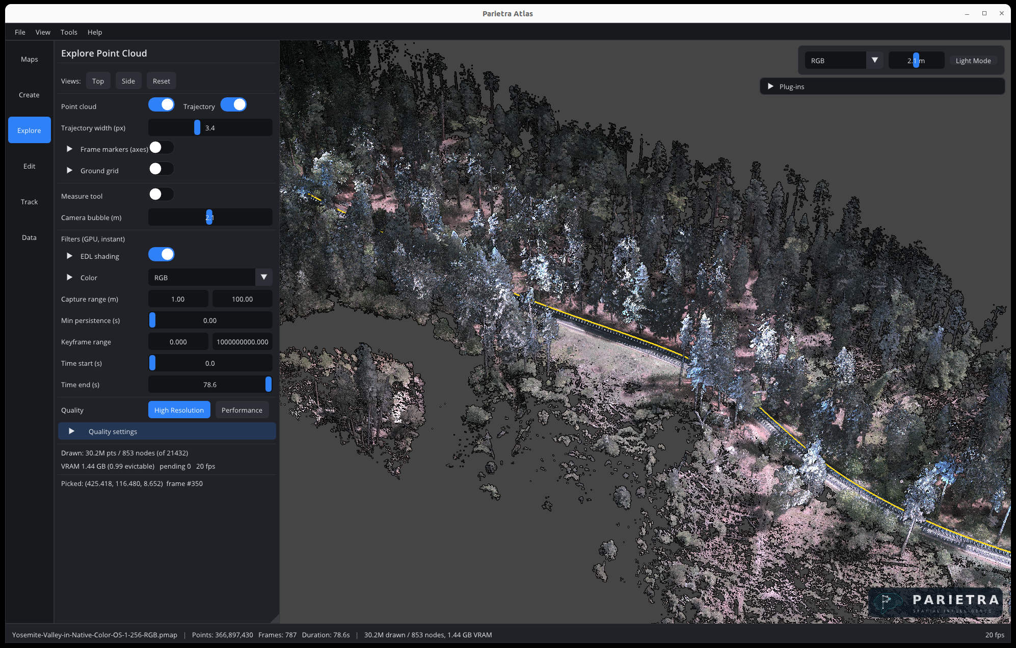 Atlas Explore view of Yosemite Valley in native color: a forested valley road point cloud with the capture trajectory in yellow.